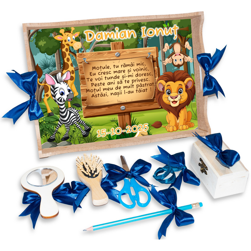 Tava pentru Mot Personalizata pentru baieti, Model Jungla, Culoare Natur, Funde Albastre