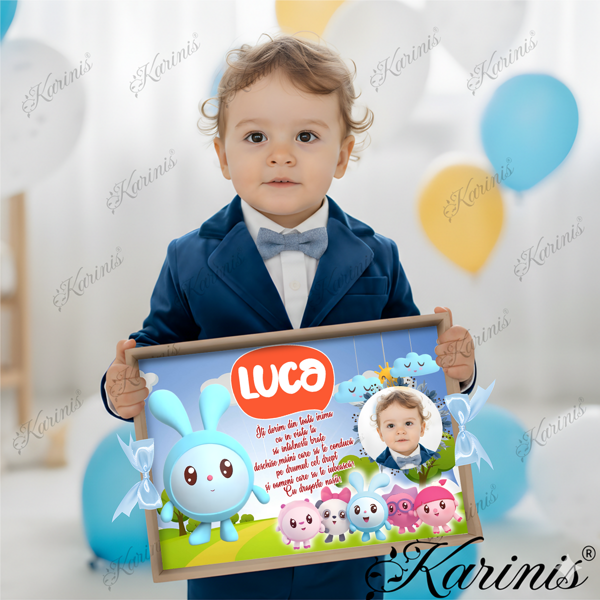 Set Tavita Mot Baby Riki si Prietenii Personalizata cu Funde Baby Blue - Tăvița Personalizată