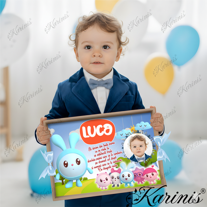 Set Tavita Mot Baby Riki si Prietenii Personalizata cu Funde Baby Blue - Tăvița Personalizată