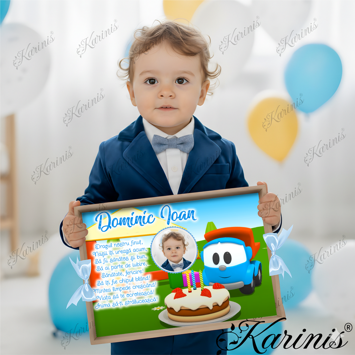 Set Mot Camionul Leo – Tavita Personalizata cu Funde Baby Blue - Tăvița Personalizată