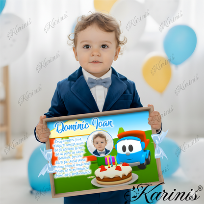 Set Mot Camionul Leo – Tavita Personalizata cu Funde Baby Blue - Tăvița Personalizată