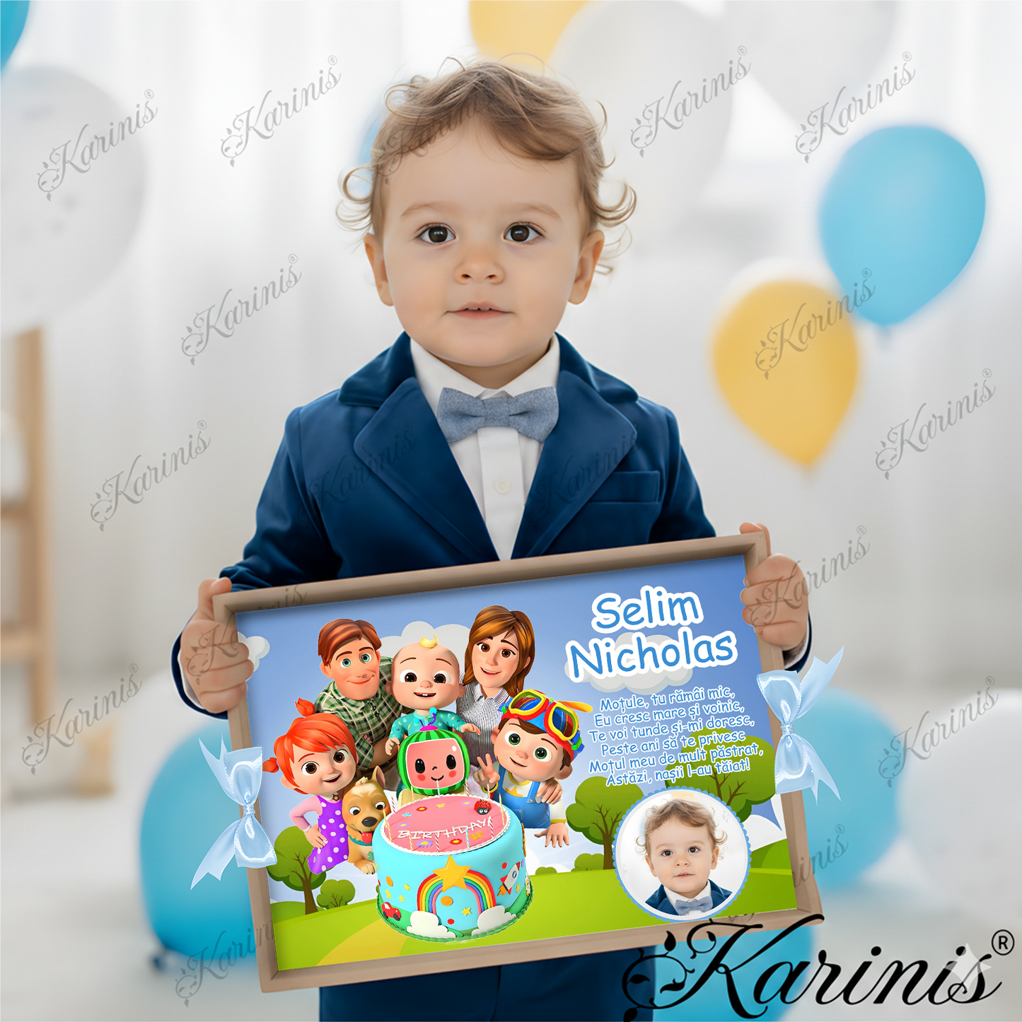Set Mot Cocomelon Tavita Personalizata cu Funde Baby Blue - Tăvița Personalizată