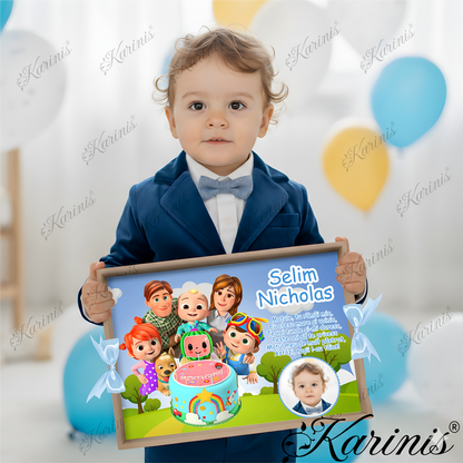 Set Mot Cocomelon Tavita Personalizata cu Funde Baby Blue - Tăvița Personalizată
