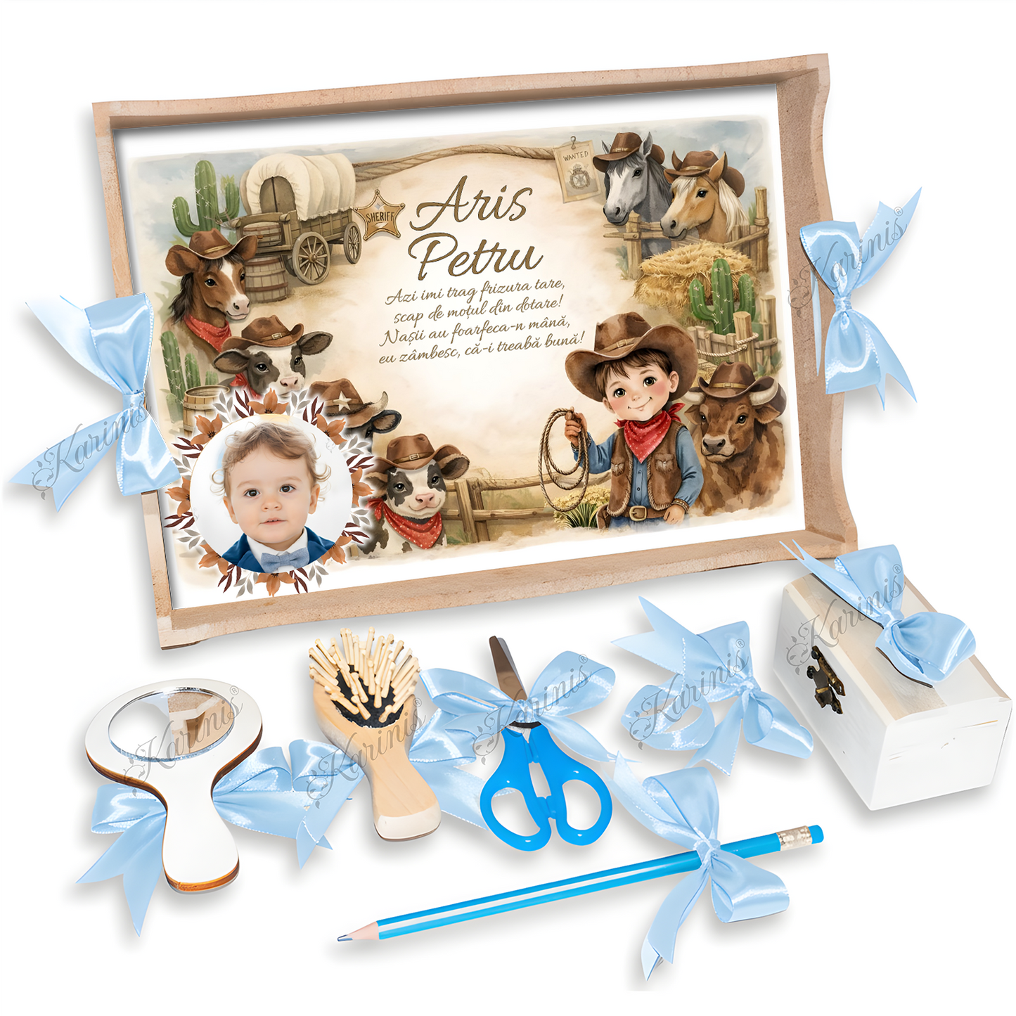 Tavita Mot Cowboy Wild West – Set pentru Taierea Motului Baby Blue - Tăvița Personalizată