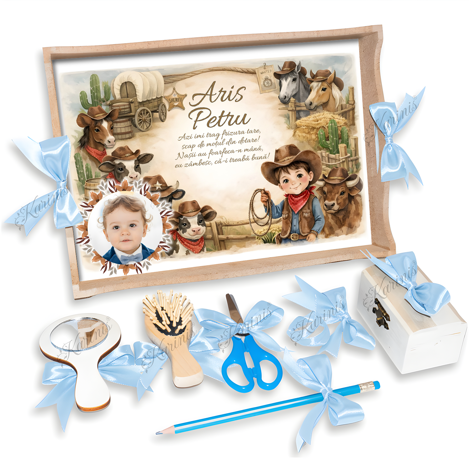 Tavita Mot Cowboy Wild West – Set pentru Taierea Motului Baby Blue - Tăvița Personalizată