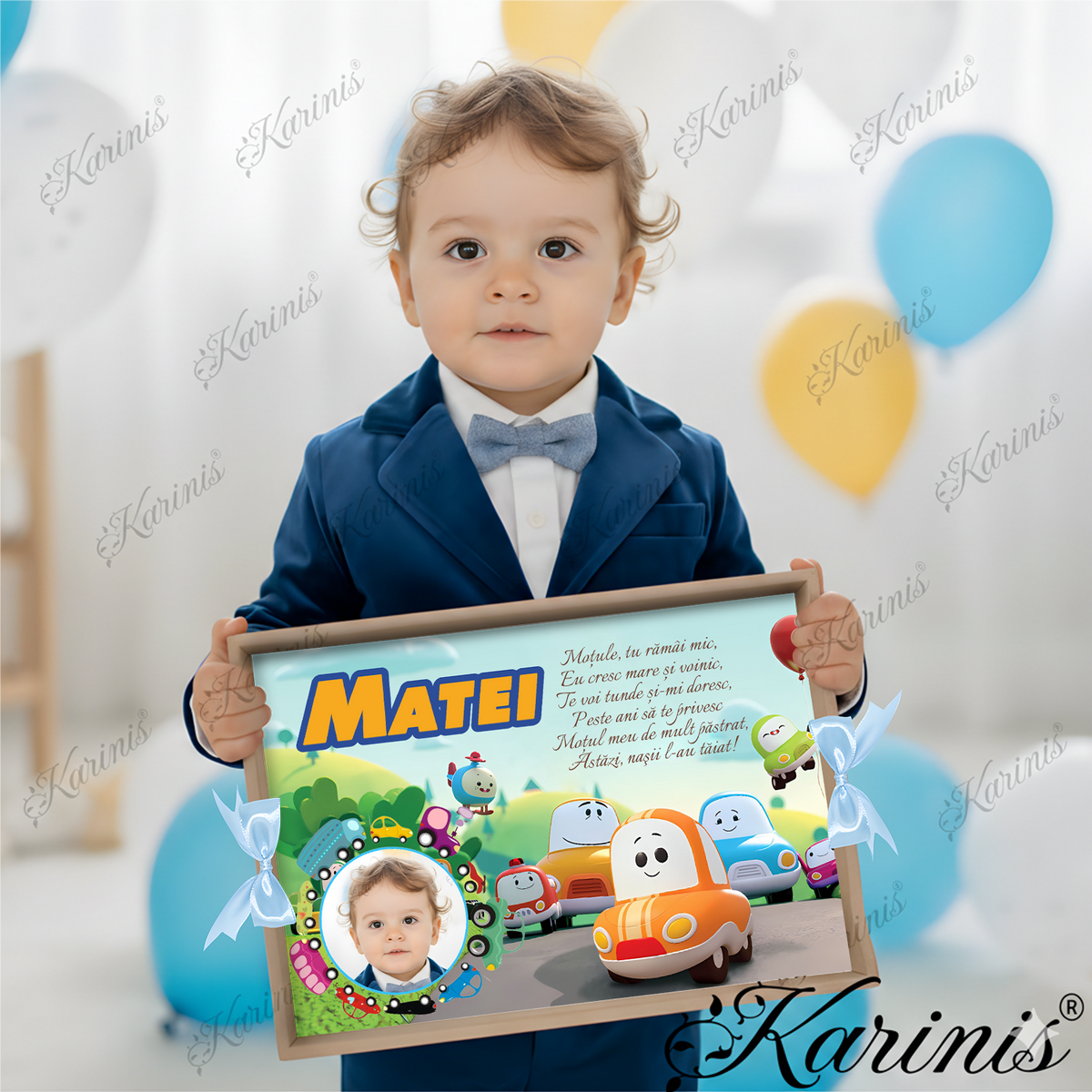 Set Tavita Mot Masinescu cu Funde Baby Blue Personalizata - Tăvița Personalizată