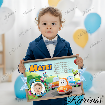 Set Tavita Mot Masinescu cu Funde Baby Blue Personalizata - Tăvița Personalizată
