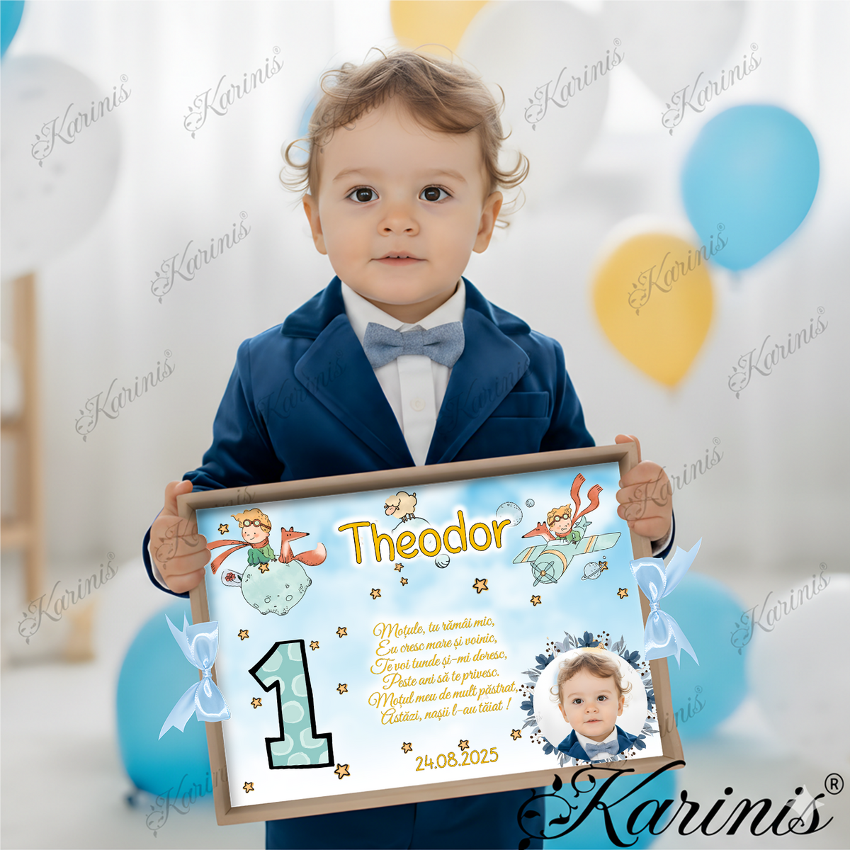 Set Tavita Mot Micul Print Personalizata cu Funde Baby Blue - Tăvița Personalizată