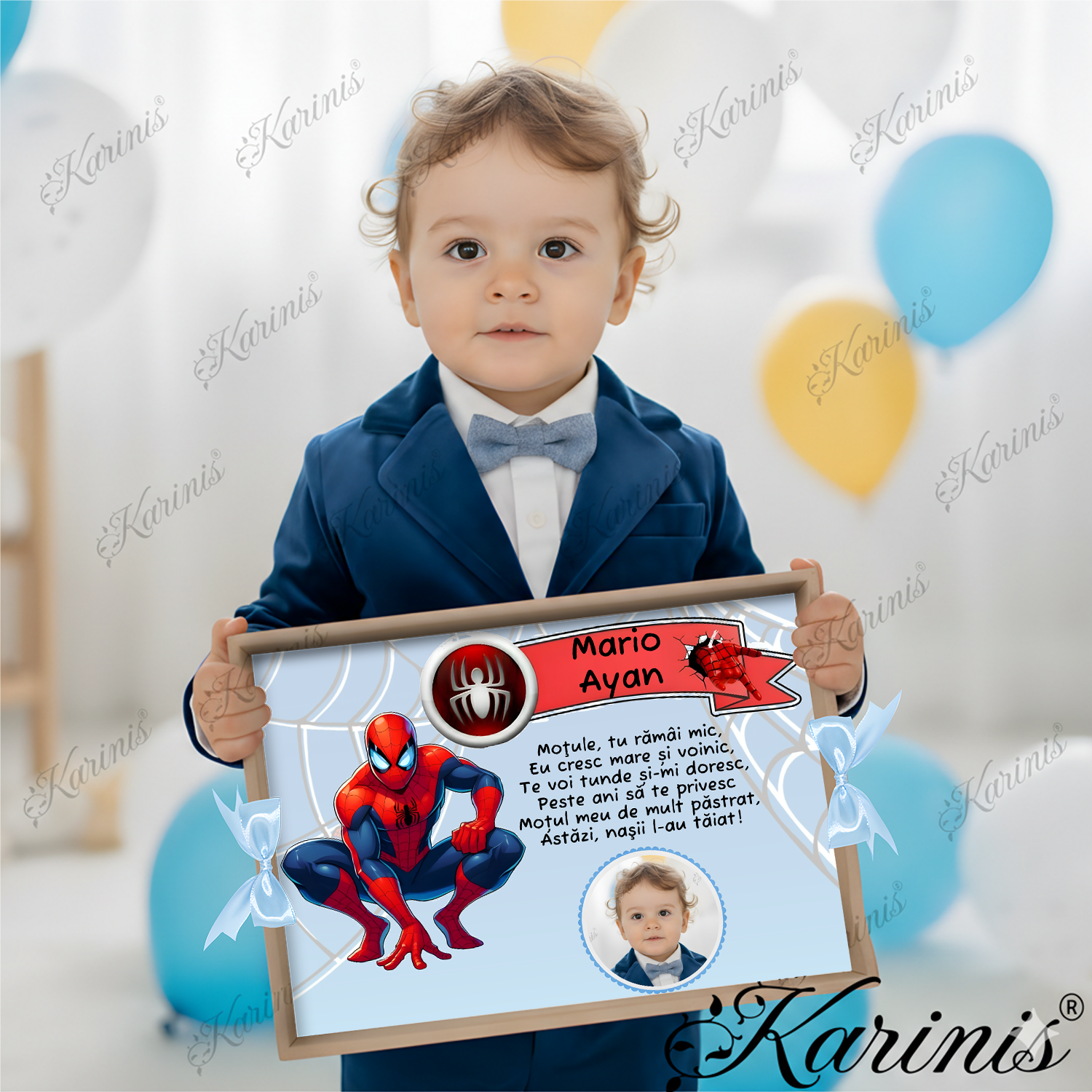 Set Tavita Mot Spiderman Personalizata cu Funde Baby Blue - Tăvița Personalizată