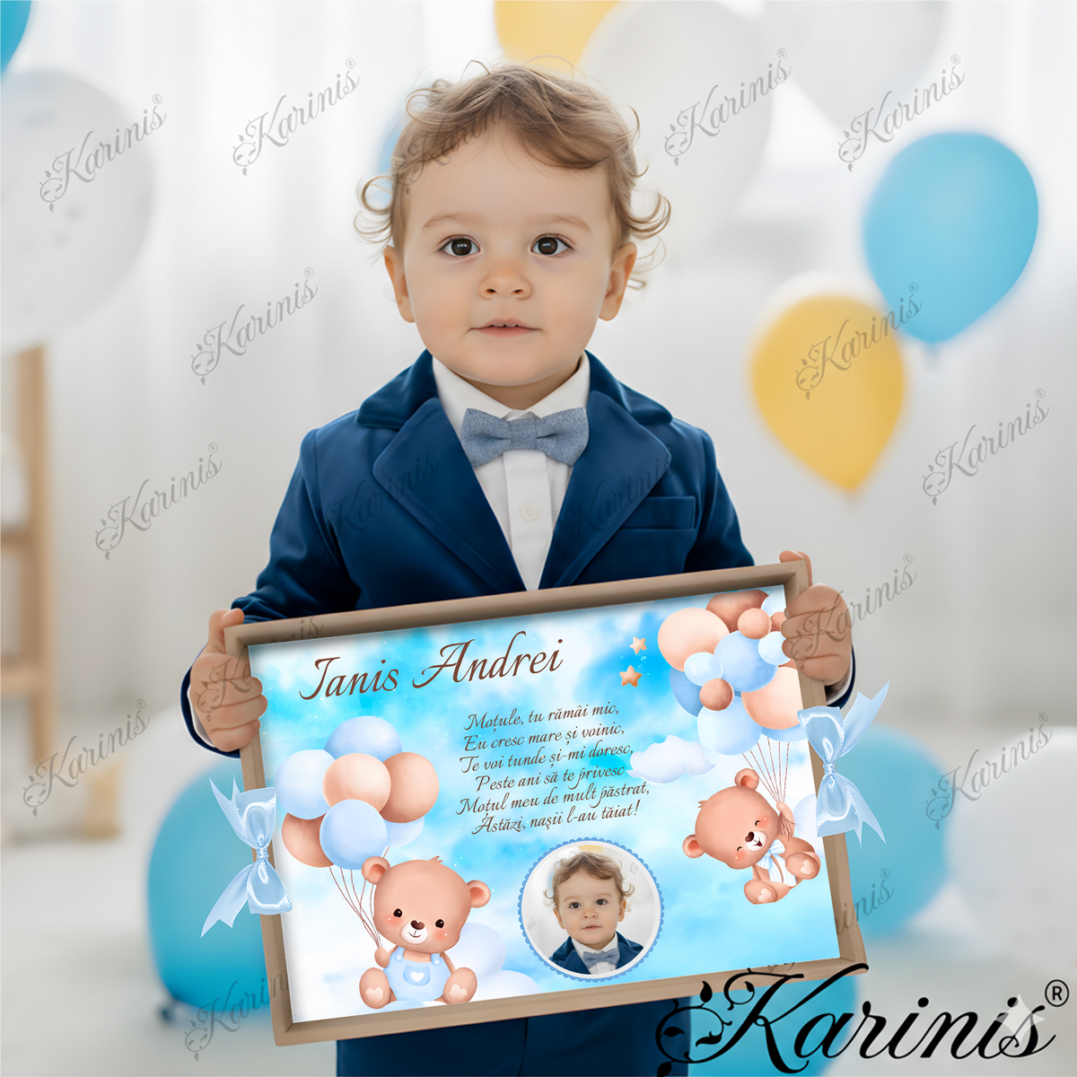 Tavita Mot Urs cu Baloane Baby Blue Personalizata - Tăvița Personalizată