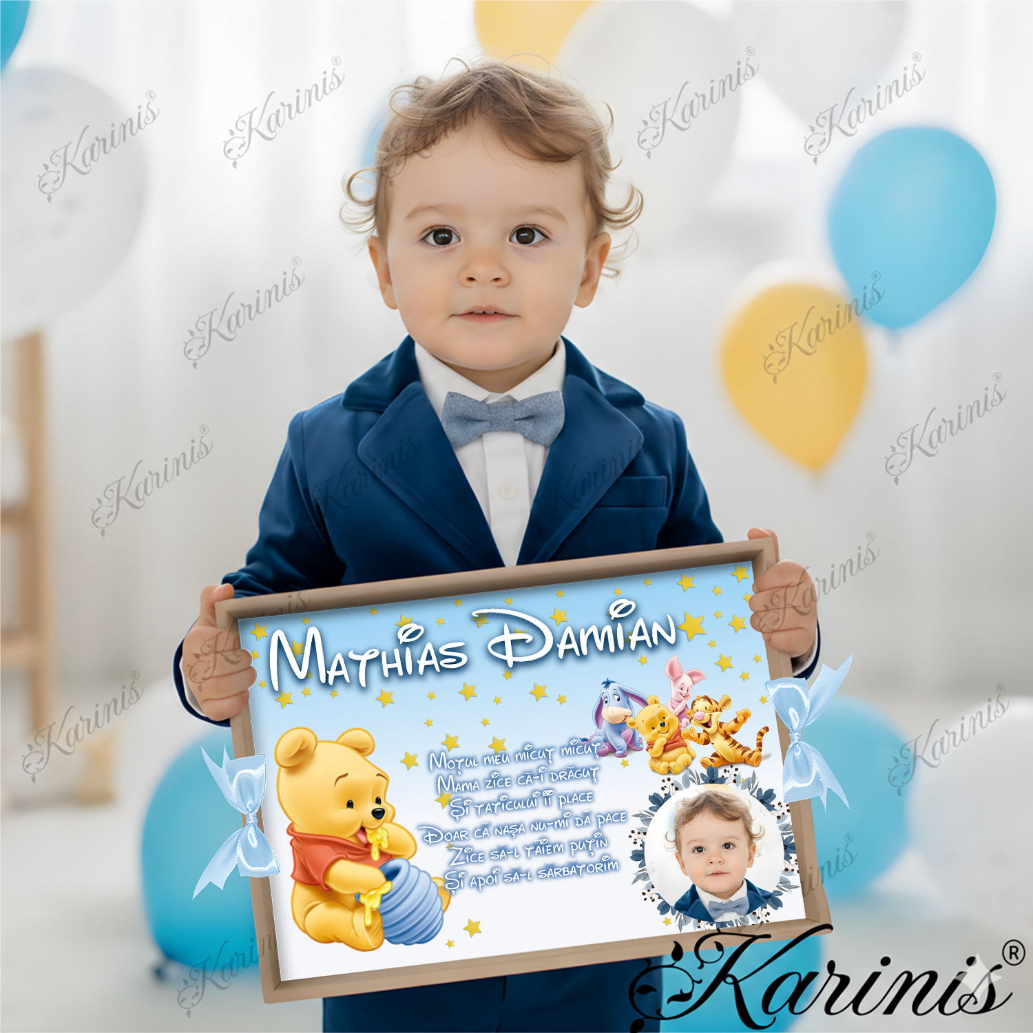 Set Tavita Mot Winnie The Pooh Personalizata cu Funde Baby Blue - Tăvița Personalizată