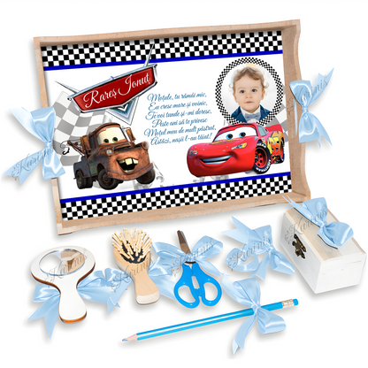 Set Tava Mot Cars cu Funde Baby Blue Personalizat - Tăvița Personalizată