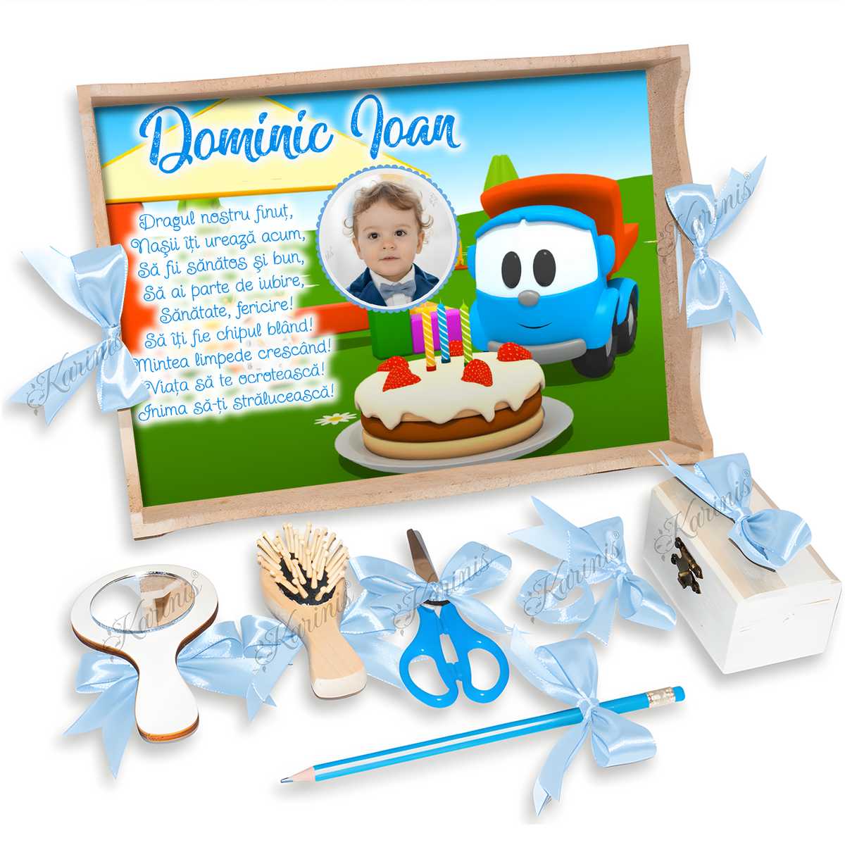 Set Mot Camionul Leo – Tavita Personalizata cu Funde Baby Blue - Tăvița Personalizată