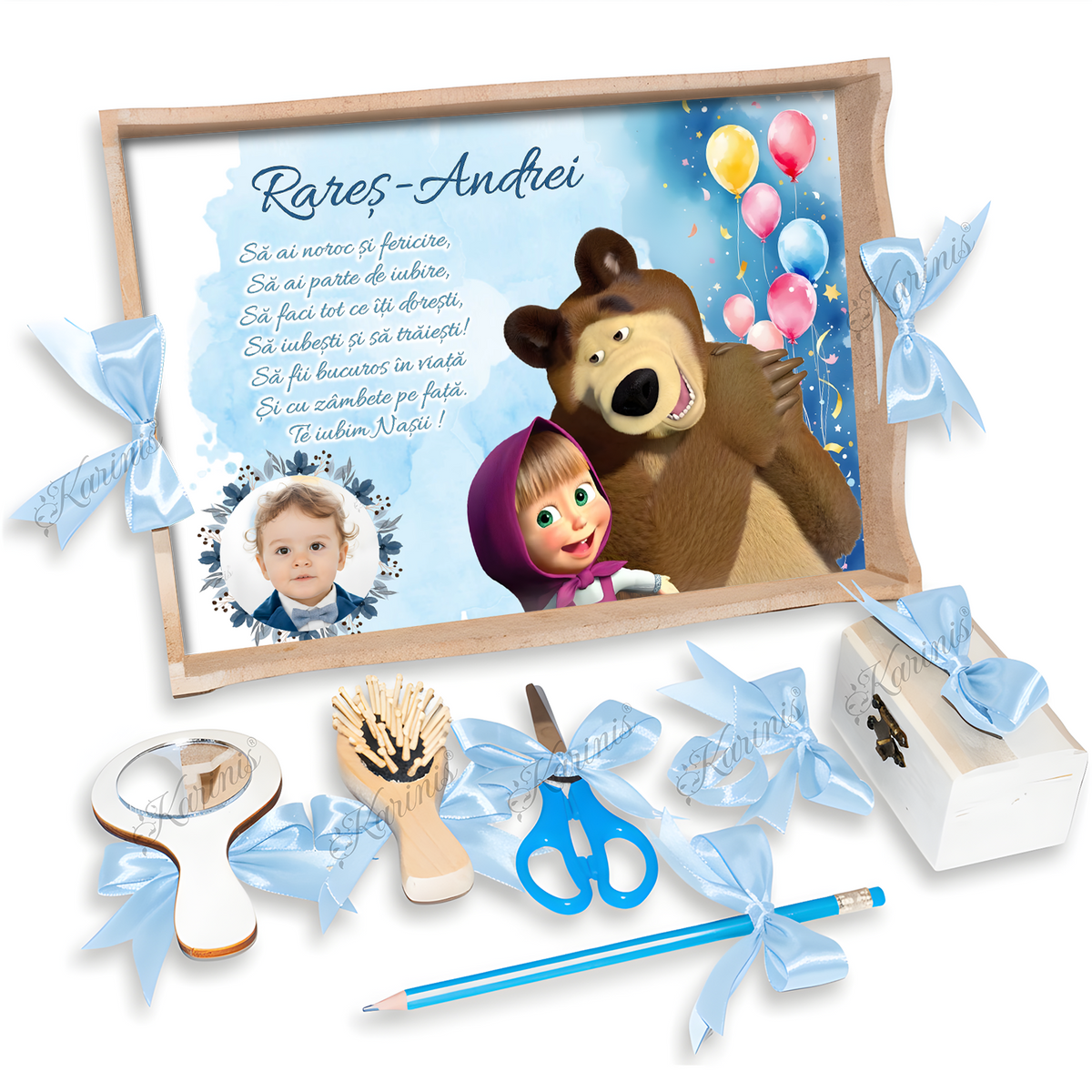 Set Tavita Mot Masha si Ursul cu Funde Baby Blue - Tăvița Personalizată