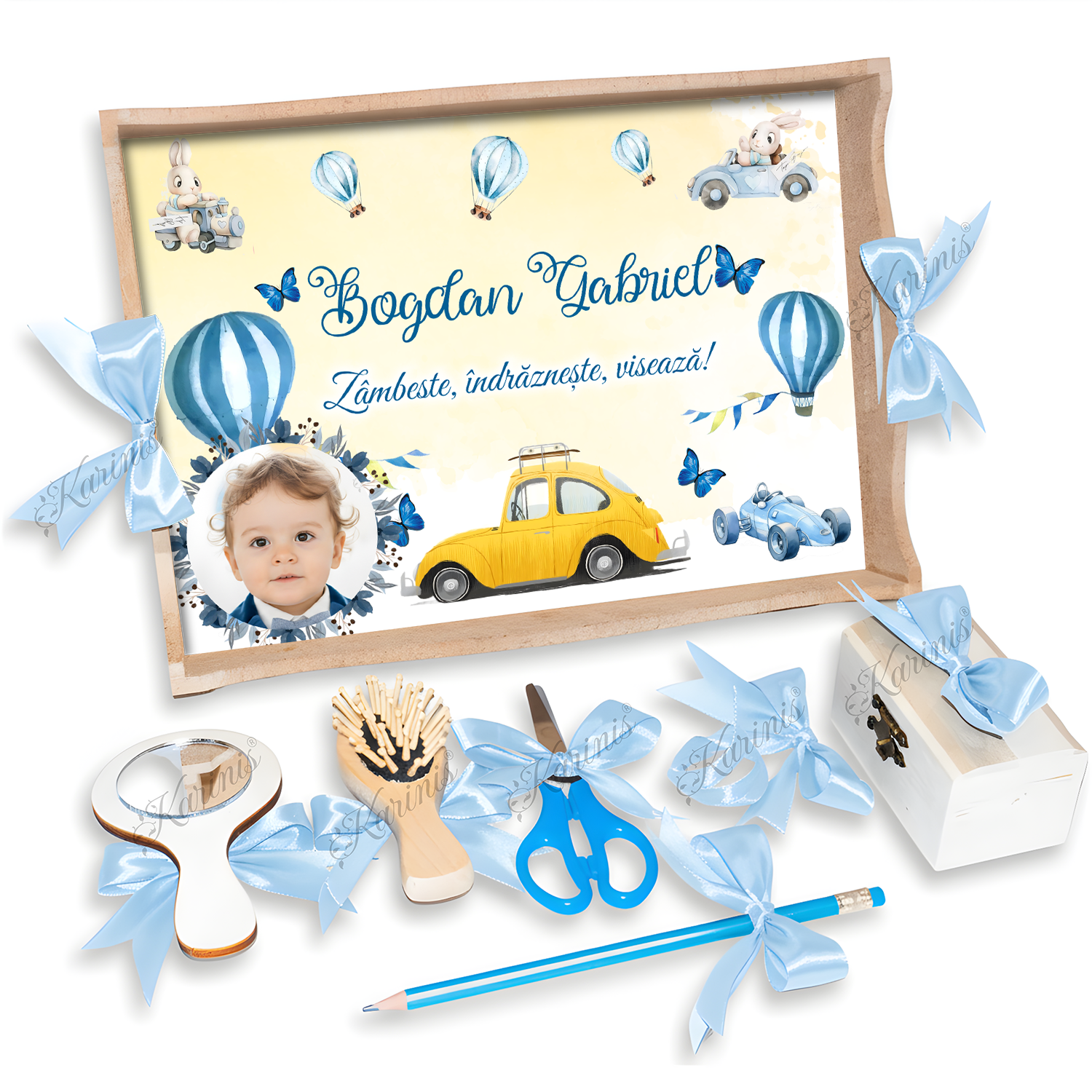 Set Tavita Mot Masinuta cu Funde Baby Blue - Tăvița Personalizată