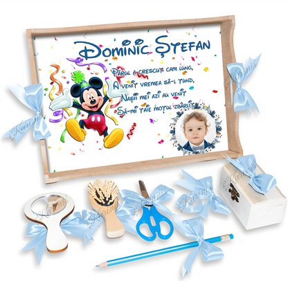 Set Tavita Mot Mickey Baby pentru Taierea Motului cu Funde Baby Blue - Tăvița Personalizată