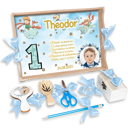 Set Tavita Mot Micul Print Personalizata cu Funde Baby Blue - Tăvița Personalizată