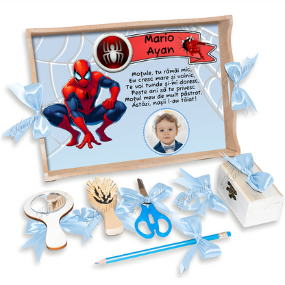 Set Tavita Mot Spiderman Personalizata cu Funde Baby Blue - Tăvița Personalizată