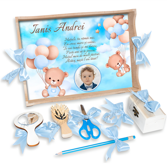 Tavita Mot Urs cu Baloane Baby Blue Personalizata