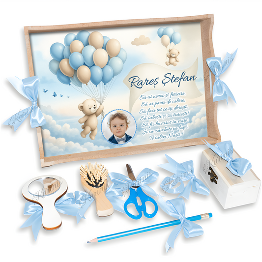 Set Tavita Mot Urs cu Baloane Personalizata cu Funde Baby Blue