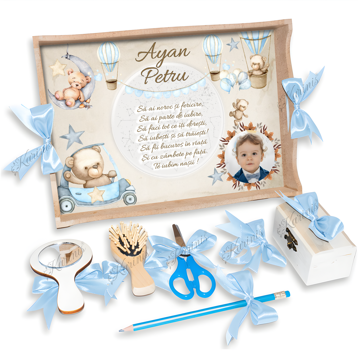 Set Tavita Mot Ursulet Maro Personalizata cu Funde Baby Blue