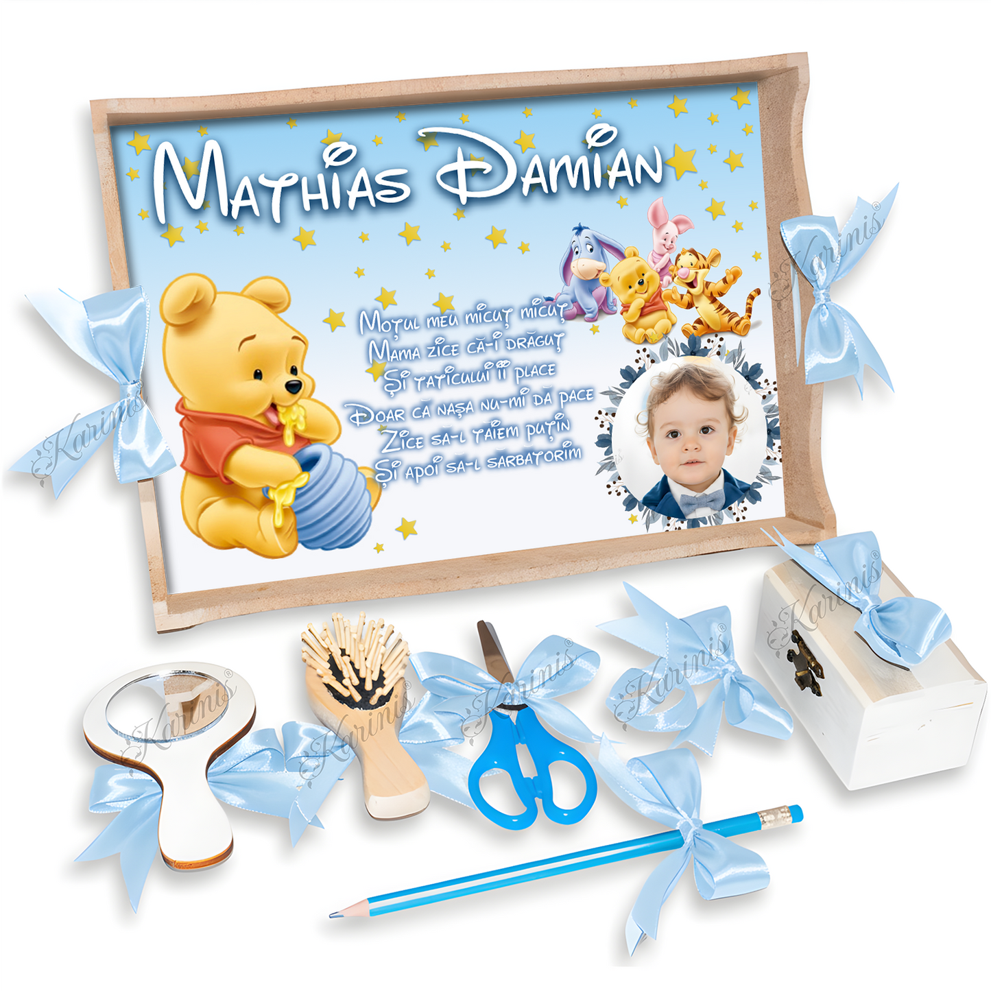 Set Tavita Mot Winnie The Pooh Personalizata cu Funde Baby Blue - Tăvița Personalizată