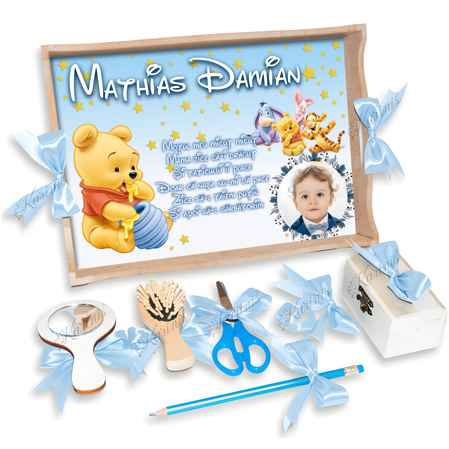 Set Tavita Mot Winnie The Pooh Personalizata cu Funde Baby Blue - Tăvița Personalizată