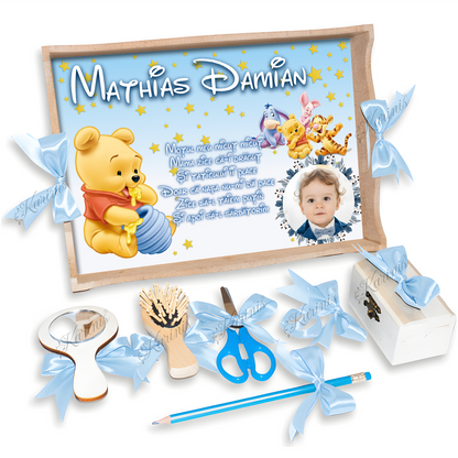 Set Tavita Mot Winnie The Pooh Personalizata cu Funde Baby Blue - Tăvița Personalizată