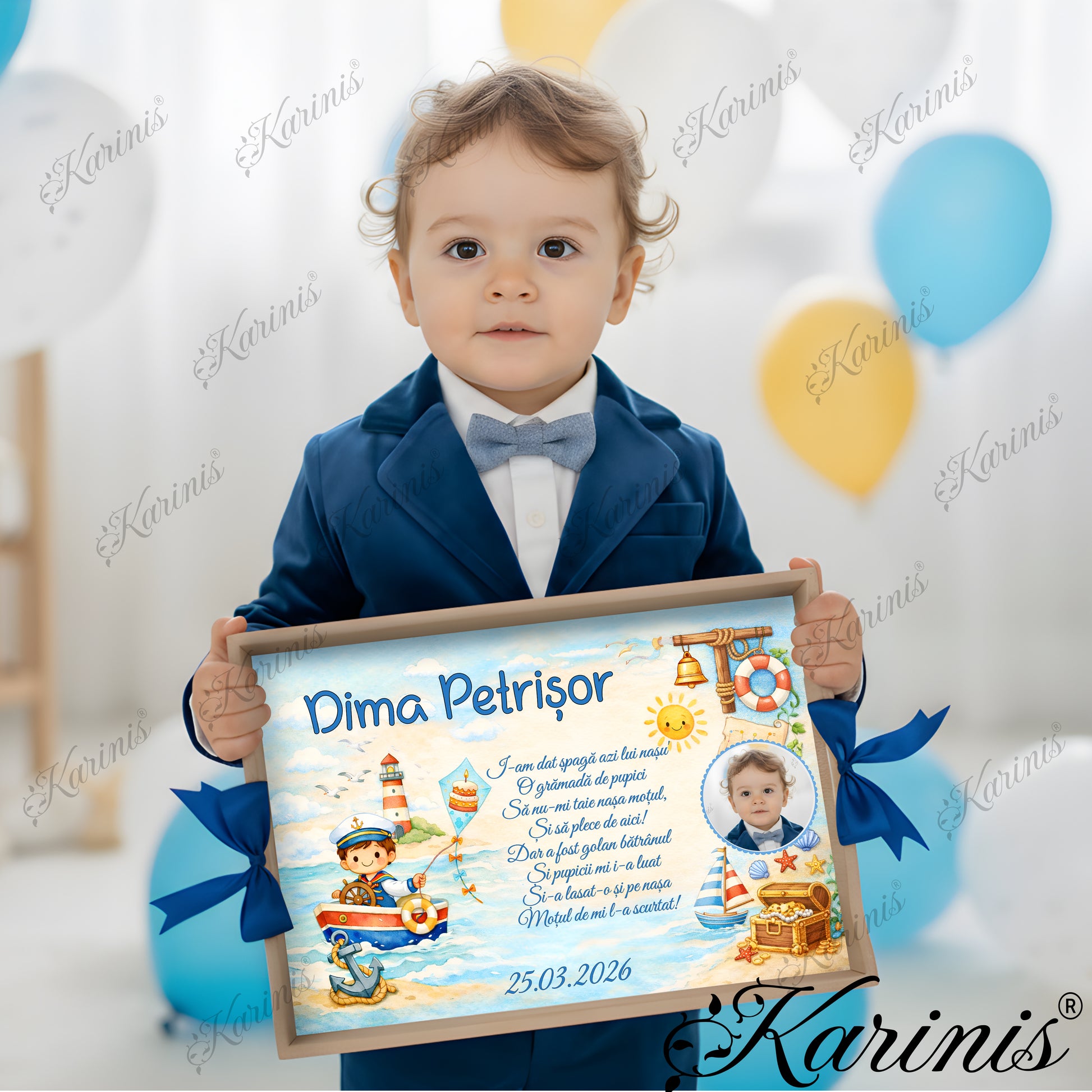 Set mot baiat aniversare 1 an cu tava personalizata, tematica marina, poza copil si text personalizat