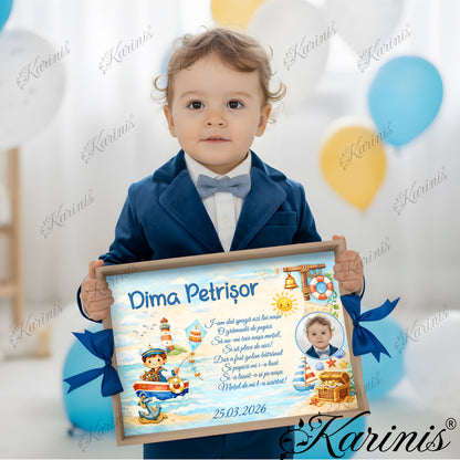 Set mot baiat aniversare 1 an cu tava personalizata, tematica marina, poza copil si text personalizat