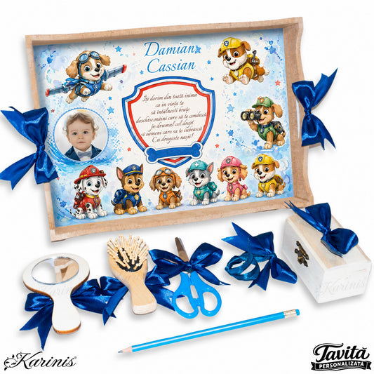 Set mot baiat aniversare 1 an cu tava personalizata, catelusi eroi, poza copil si text personalizat
