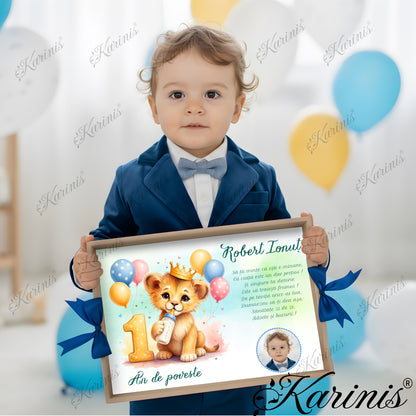 Set mot baiat aniversare 1 an cu tava personalizata, leu cu coroana, poza copil si text personalizat