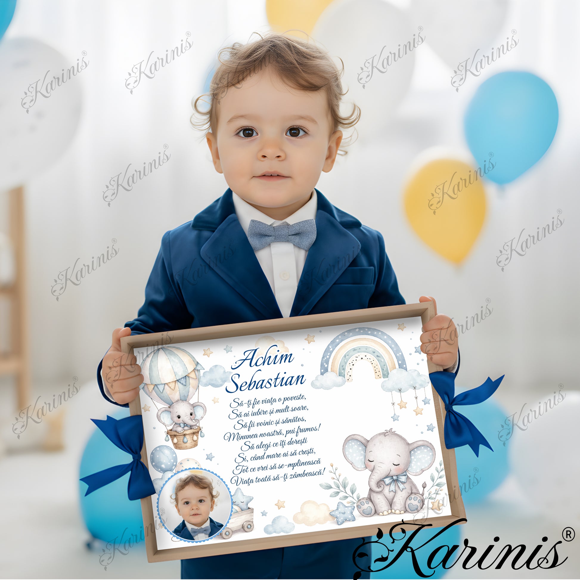 Set mot baiat aniversare 1 an cu tava personalizata, poza copil, elefantel si norisori