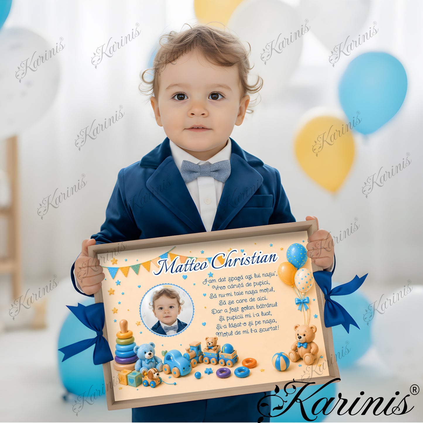 Set mot baiat aniversare 1 an cu tava personalizata, poza copil, jucarii si text personalizat