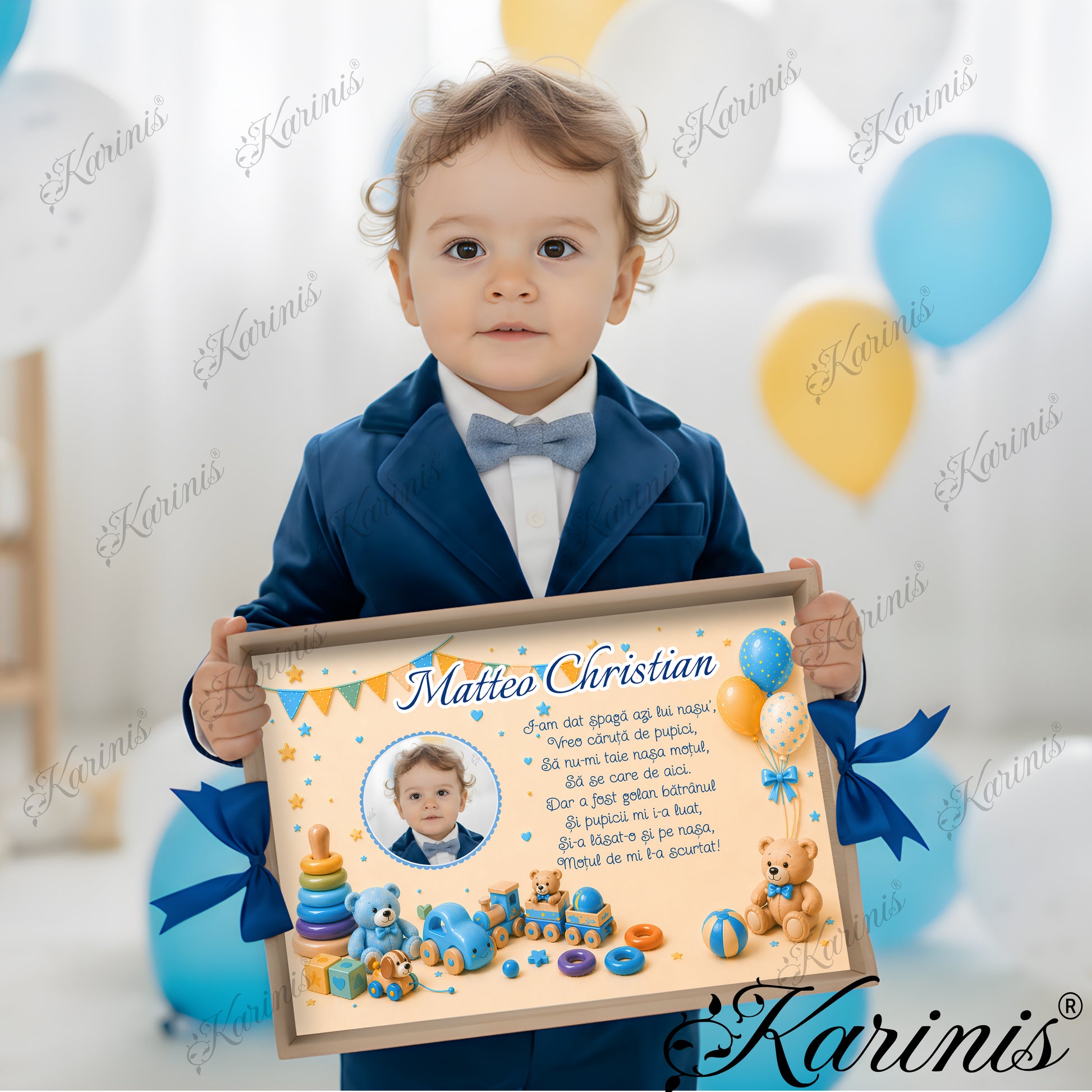 Set mot baiat aniversare 1 an cu tava personalizata, poza copil, jucarii si text personalizat