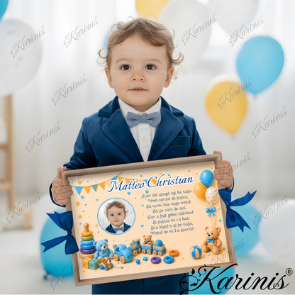 Set mot baiat aniversare 1 an cu tava personalizata, poza copil, jucarii si text personalizat