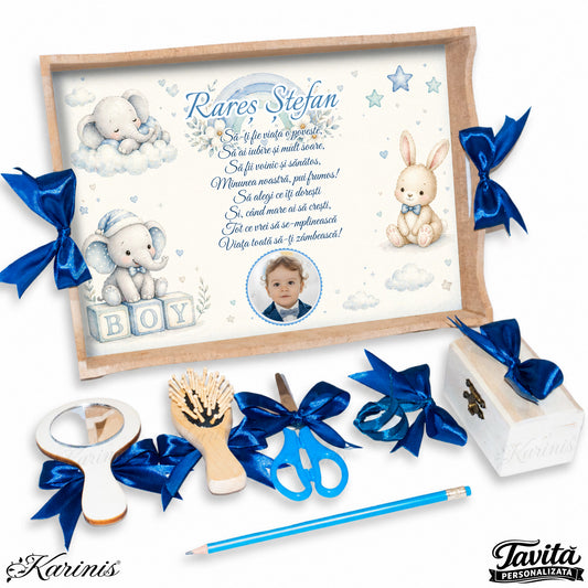 Set mot baiat aniversare 1 an cu tava personalizata, poza copil si tematica elefantel baby