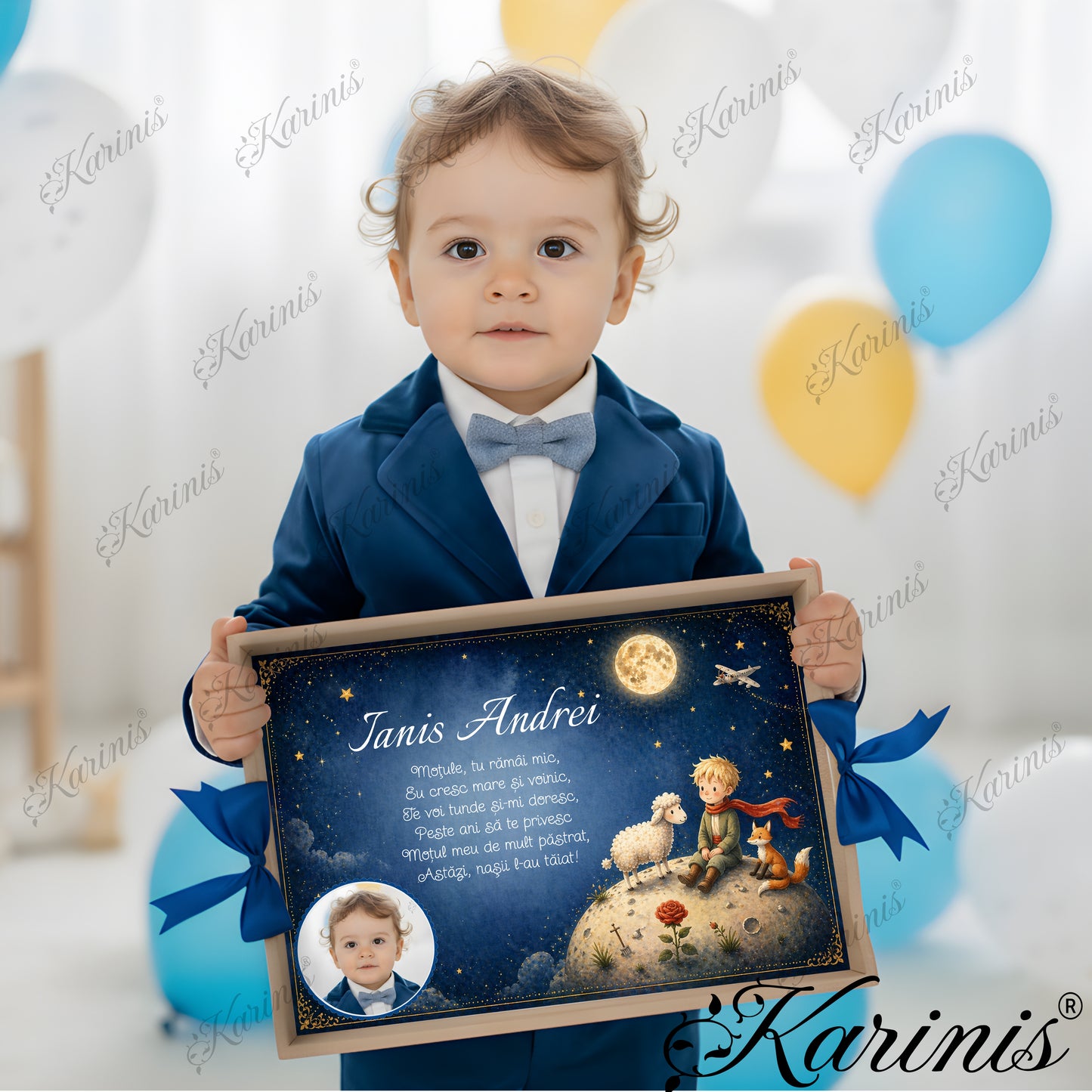 Set mot baiat aniversare 1 an cu tava personalizata, tematica de poveste si poza copil