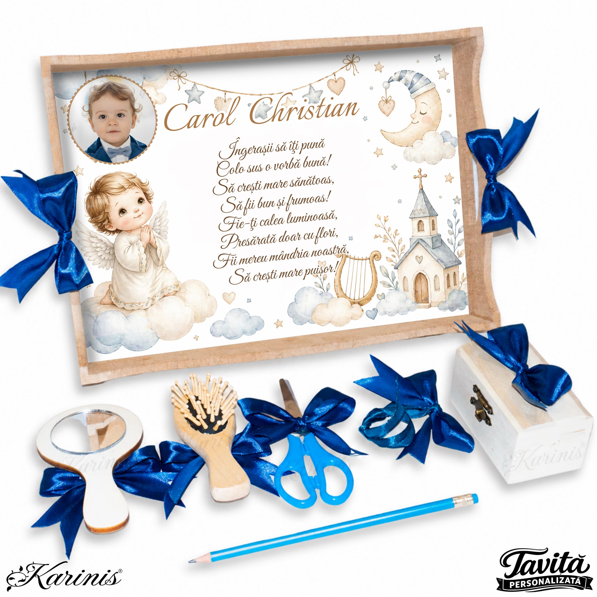 Set mot baiat aniversare 1 an cu tava personalizata, tematica ingeras si poza copil