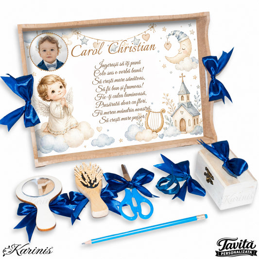 Set mot baiat aniversare 1 an cu tava personalizata, tematica ingeras si poza copil