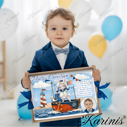 Set mot baiat aniversare 1 an cu tava personalizata, tematica marina, poza copil si text personalizat