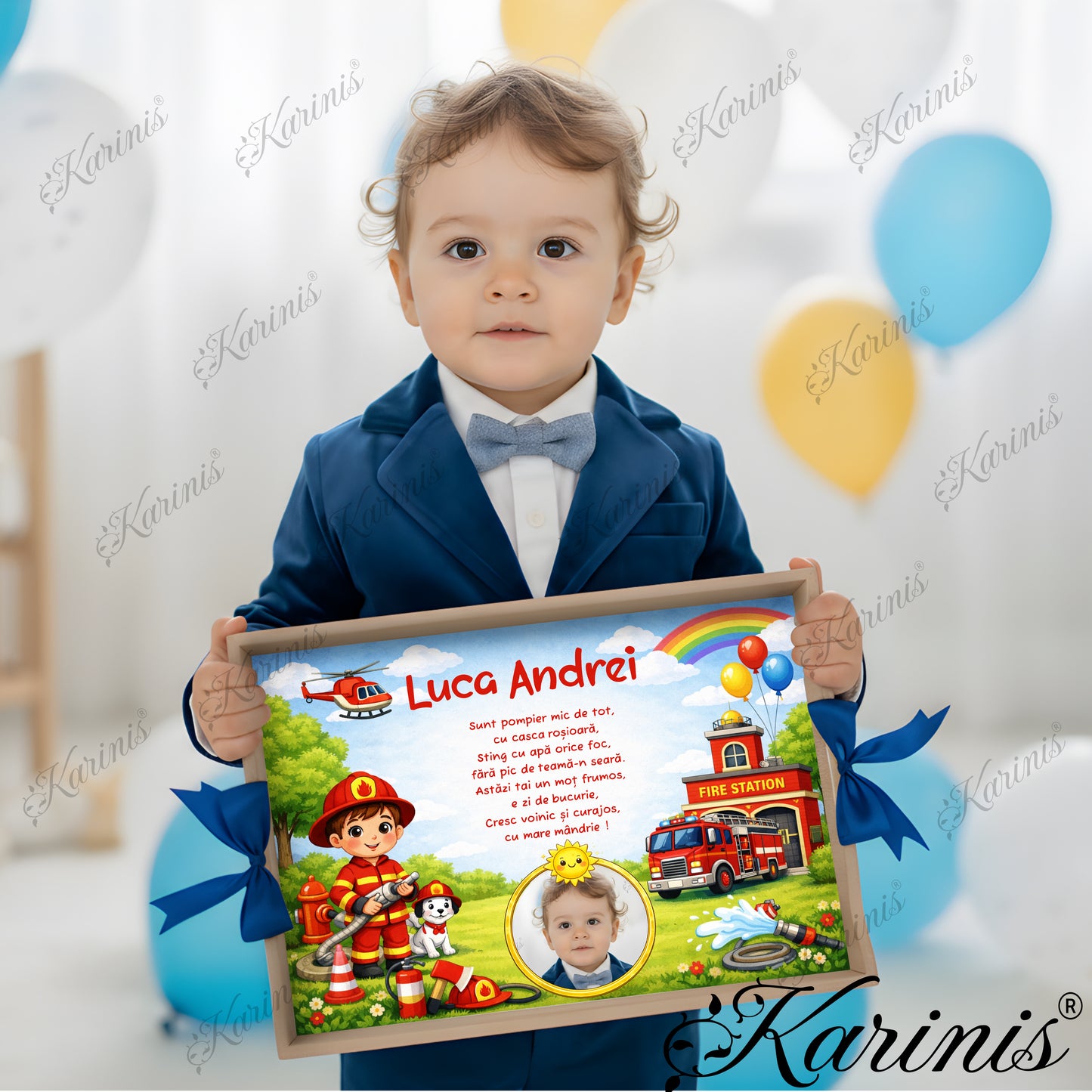 Set mot baiat aniversare 1 an cu tava personalizata, tematica pompieri si poza copil