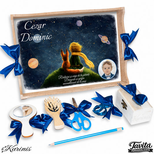 Set mot baiat aniversare 1 an cu tava personalizata, tematica poveste, poza copil si text personalizat