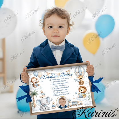 Set mot baiat aniversare 1 an cu tava personalizata, tematica safari baby si poza copil