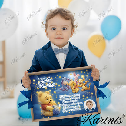 Set mot baiat aniversare 1 an cu tava personalizata, tematica ursulet, poza copil si text personalizat