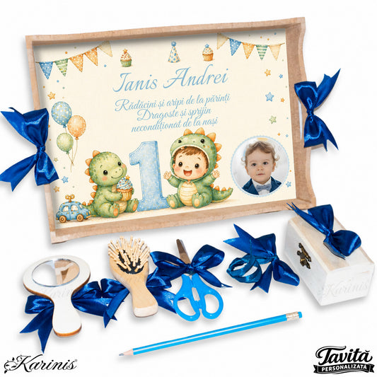Set mot baiat cu tavita personalizata, tematica dinozaur baby, cifra 1 si fundite albastre