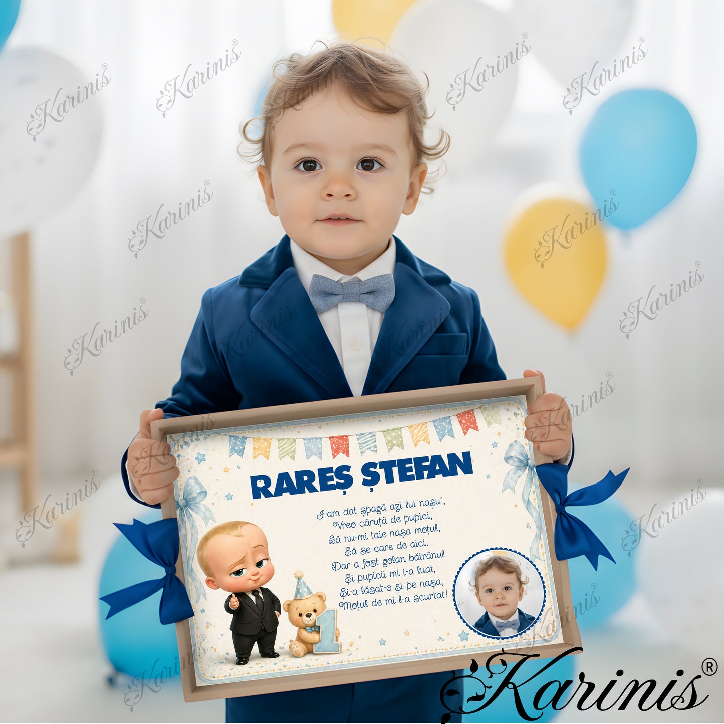 Set tavita mot personalizata baiat cu tematica Bebe Boss, ursulet si fundite albastre