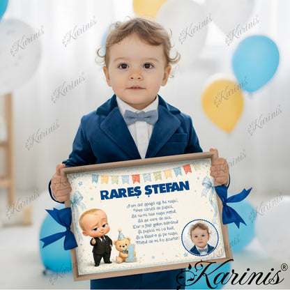 Set tavita mot personalizata baiat cu tematica Bebe Boss, ursulet si fundite albastre