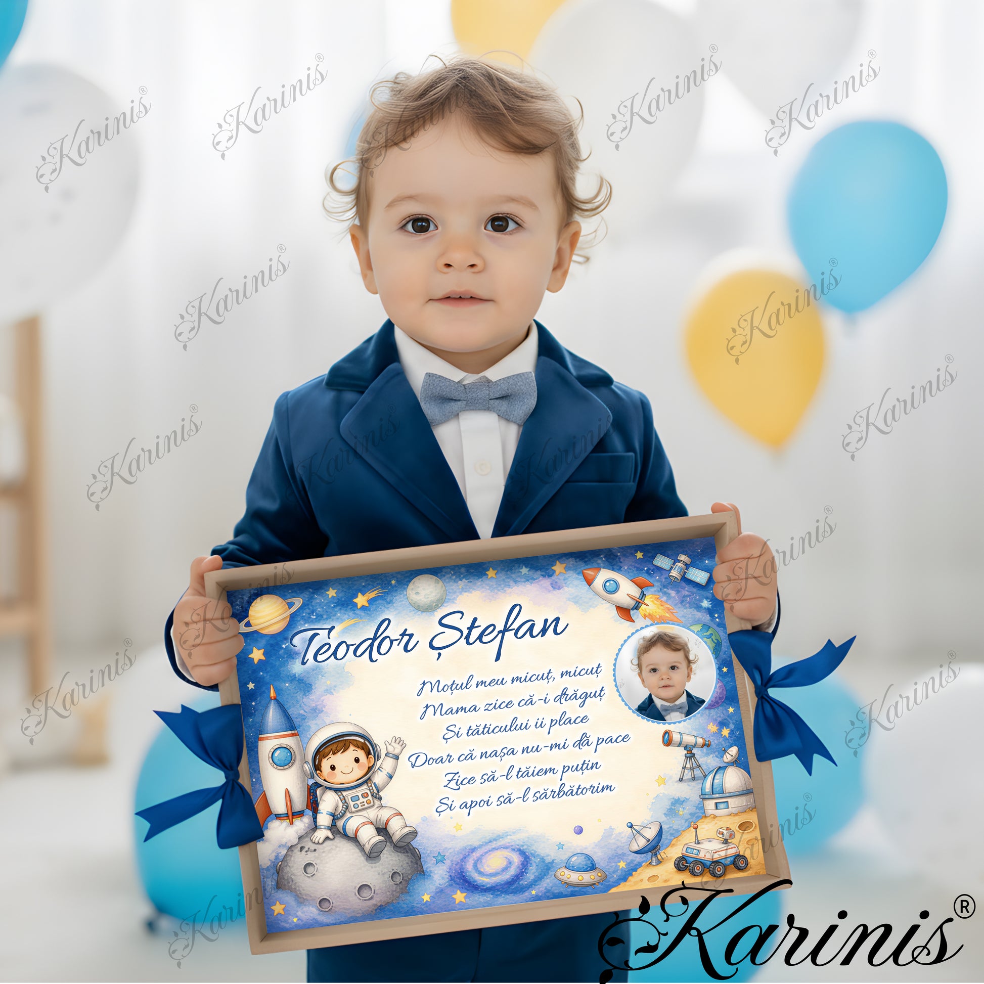 Set tavita mot personalizata baiat cu tematica cosmonaut, racheta, planete si fundite albastre