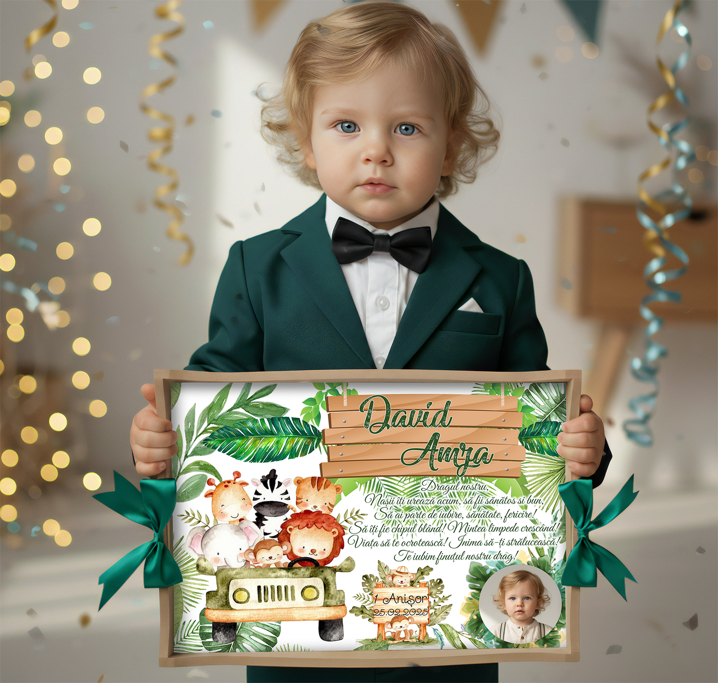 Set tavita mot tematica Safari Jungle, design verde cu animalute